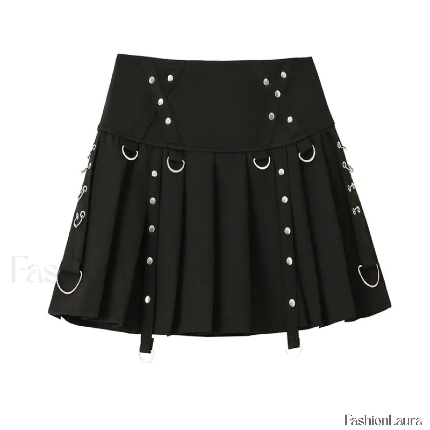 Gothic Harajuku Short Pleated Skirt with Rivet Metal Buckles and Streamer Low Waist Style
