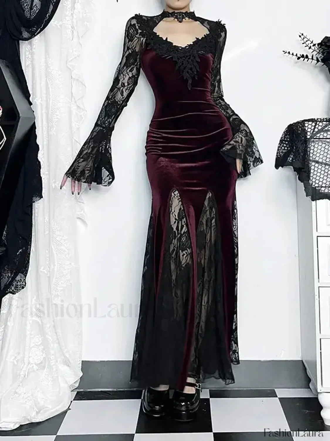 Gothic Mermaid Bodycon Long Maxi Fishtail Sleeve Lace Cocktail Ruched Dress
