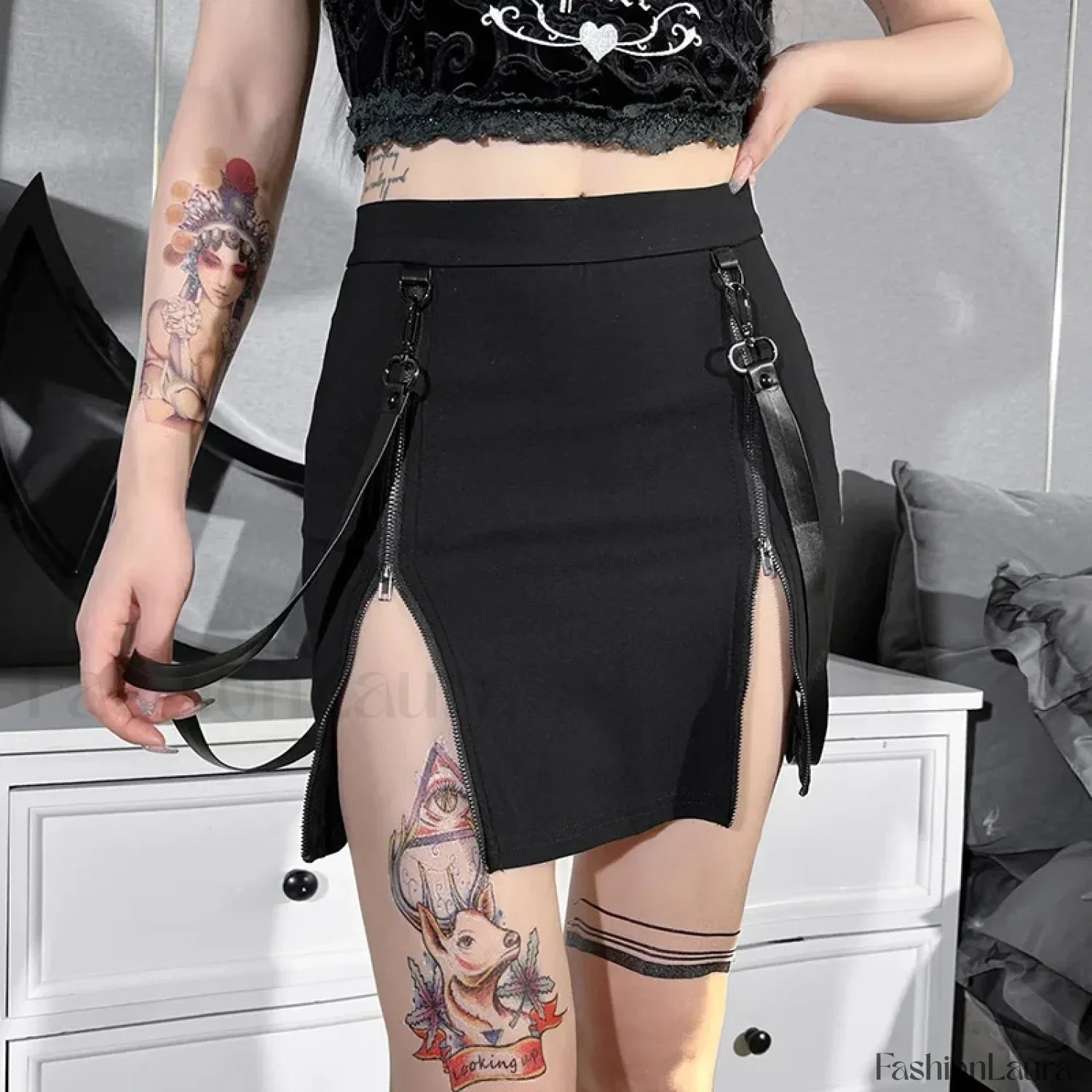 Gothic Mini Strap Women Pencil Black Split Zip Waist E-girl Sexy Grunge High Skirt