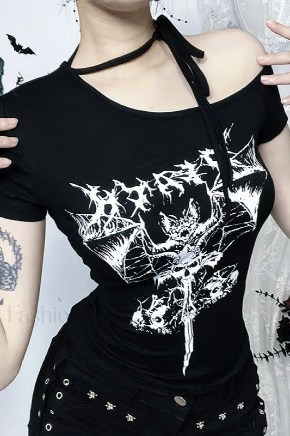 Gothic One Shoulder Print T-Shirt