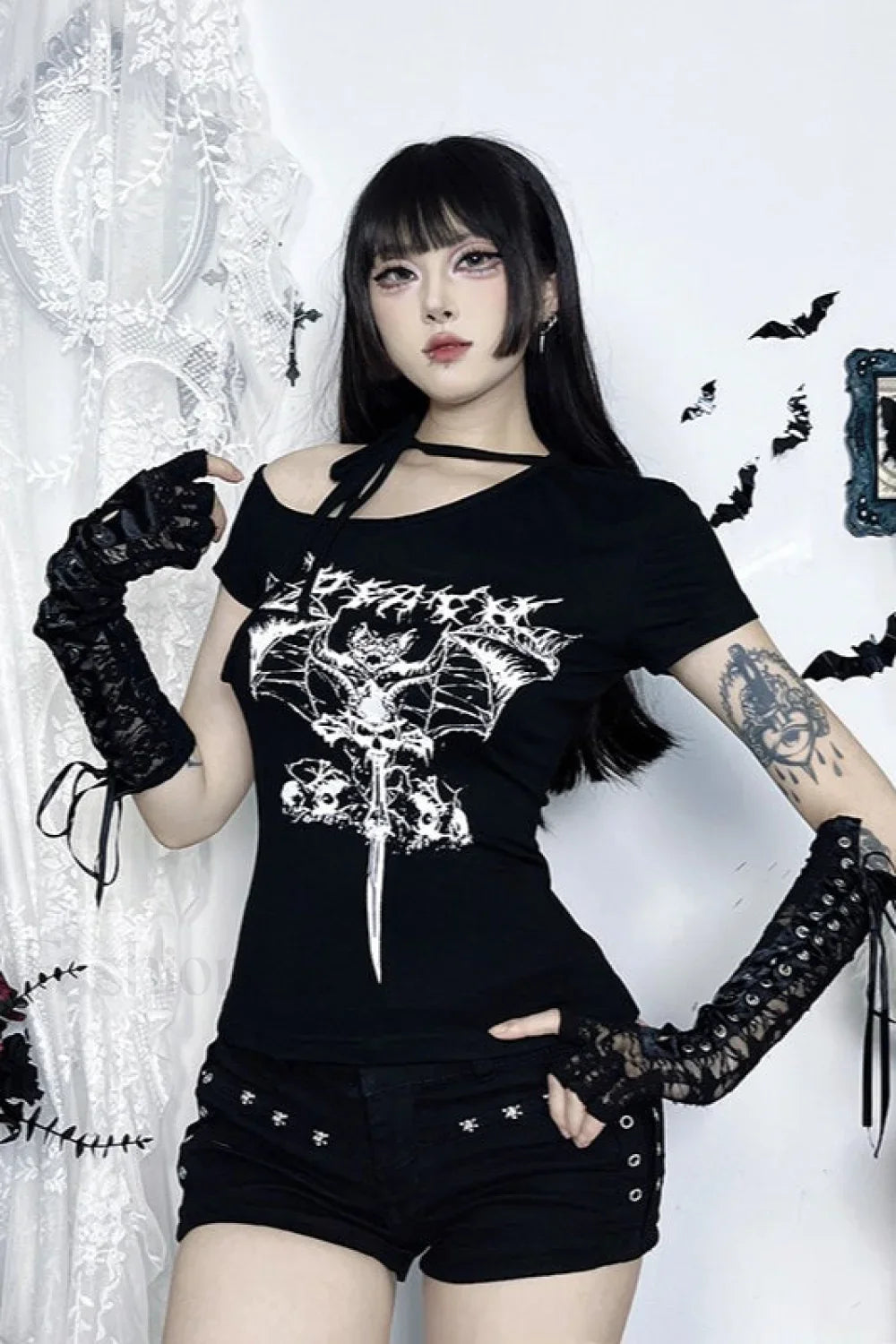 Gothic One Shoulder Print T-Shirt