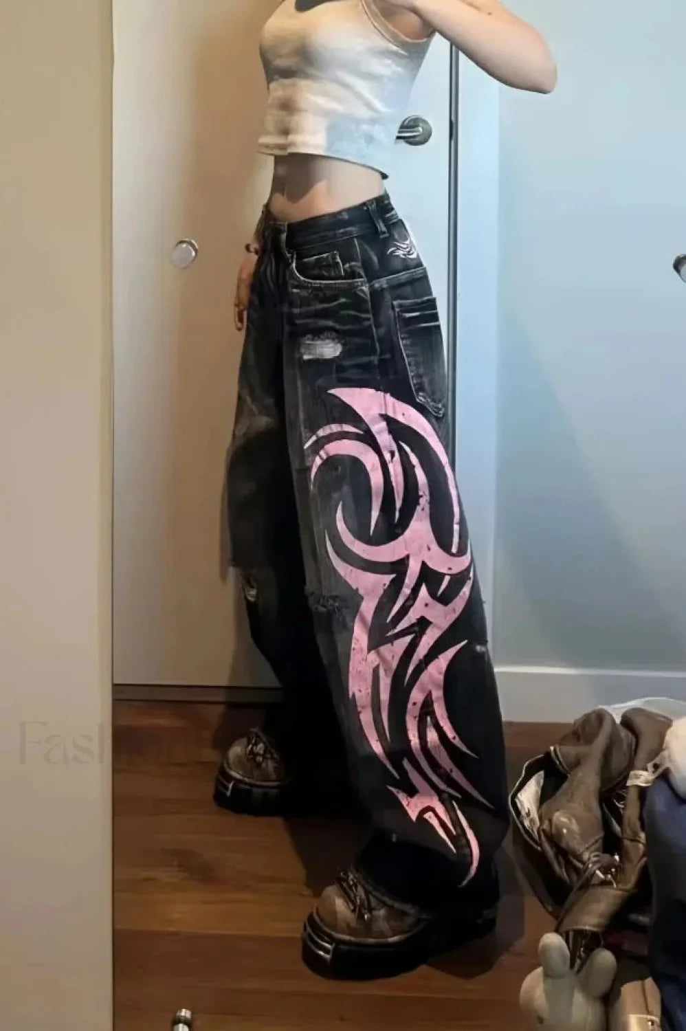 Gothic Print Wide-Leg Jeans