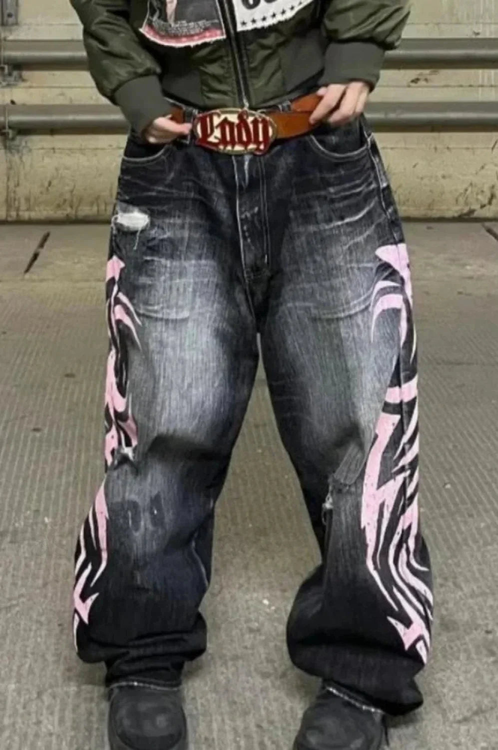 Gothic Print Wide-Leg Jeans