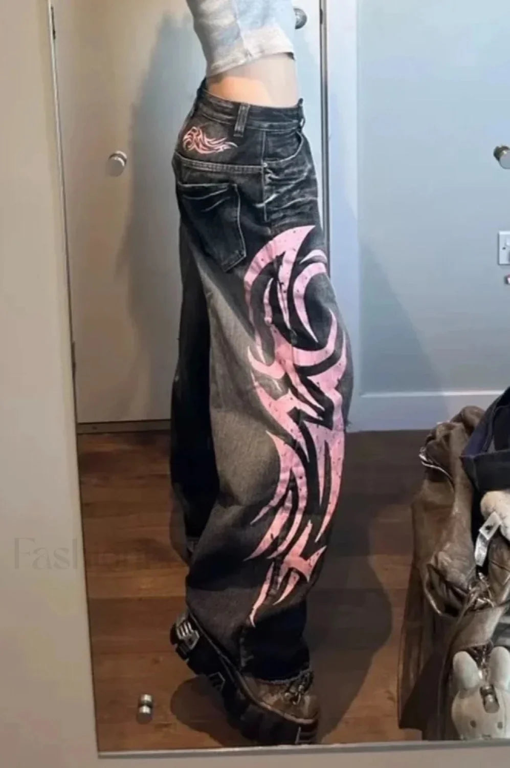 Gothic Print Wide-Leg Jeans