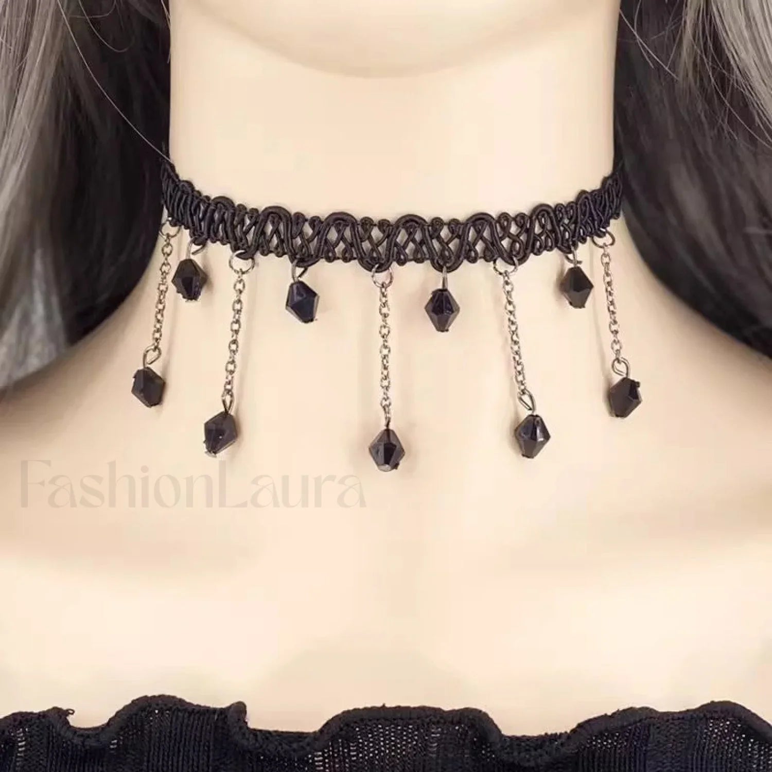 Gothic Retro Black Lace Tassel Collar Choker Necklace BLACK