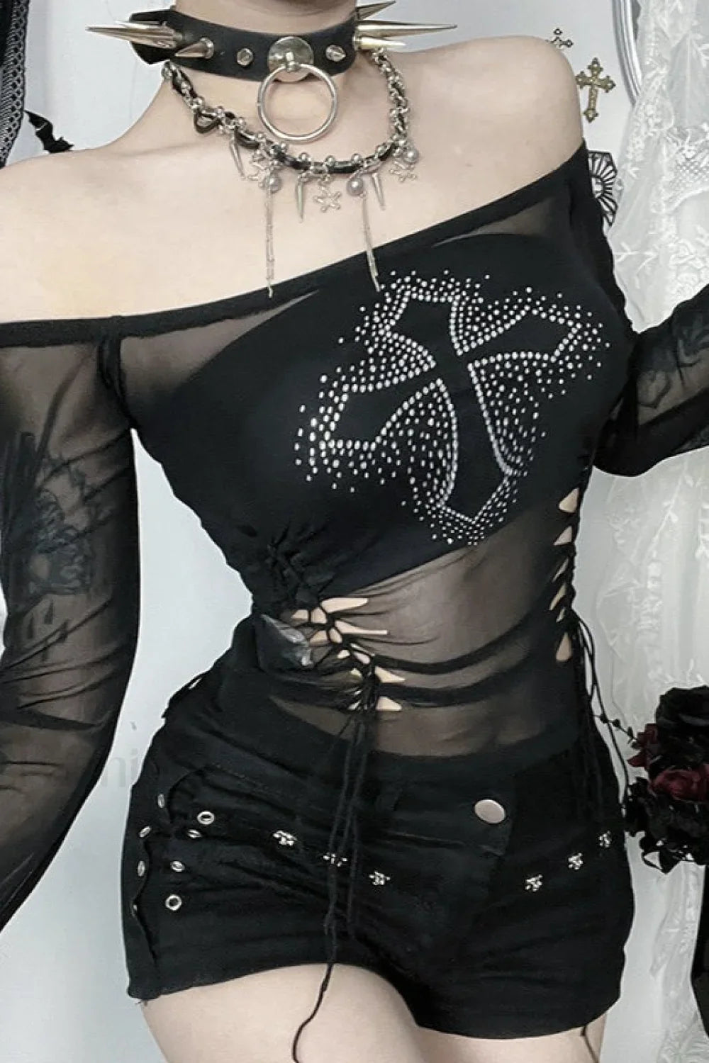 Gothic Rhinestone Cross Mesh T-Shirt