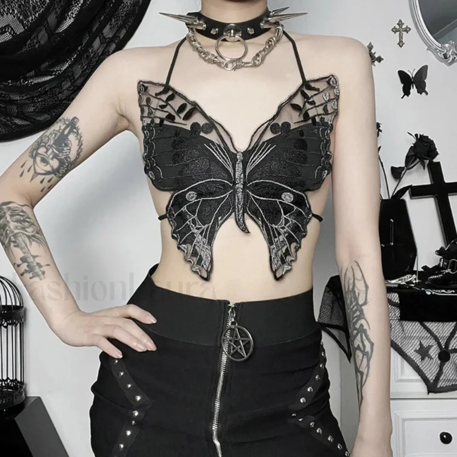 Gothic Sexy Crop Halter Black Strappy Butterfly-Shape Backless Top
