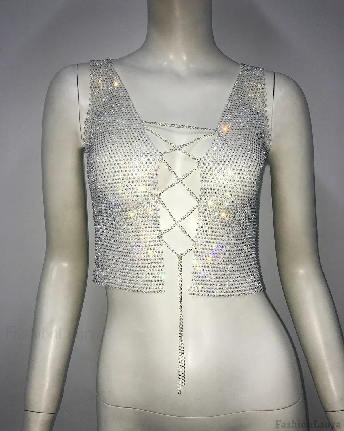 Gothic Sexy Flash Drill Fishnet Body Chain Nightclub Crop Top WHITE / Suitable for 40-65kg