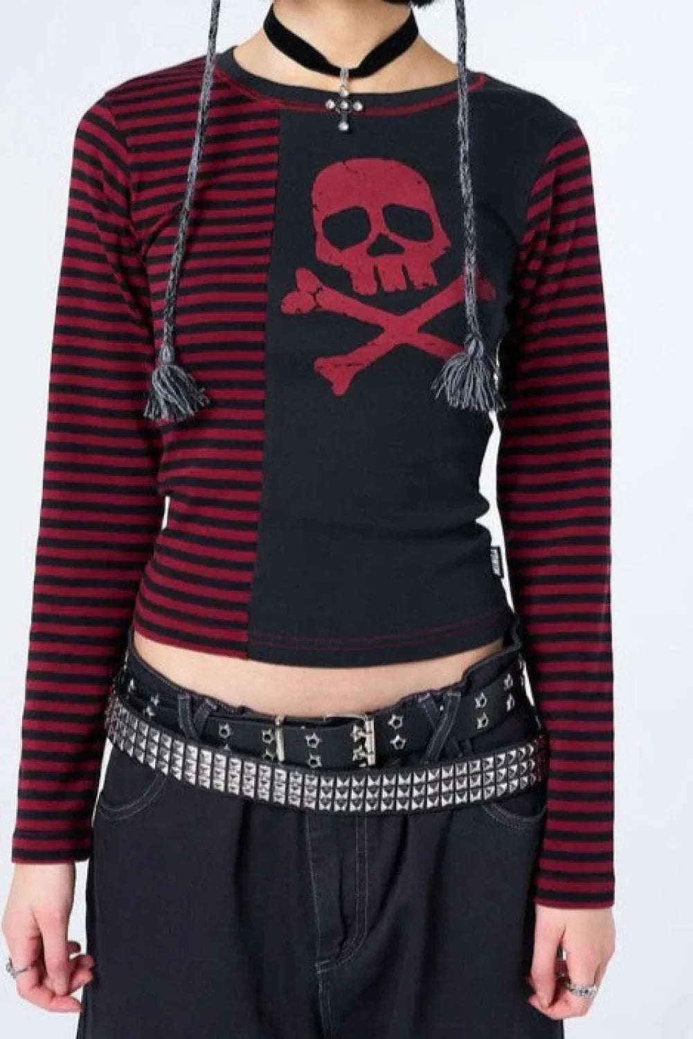 Gothic Skull Stripe Crop T-Shirt