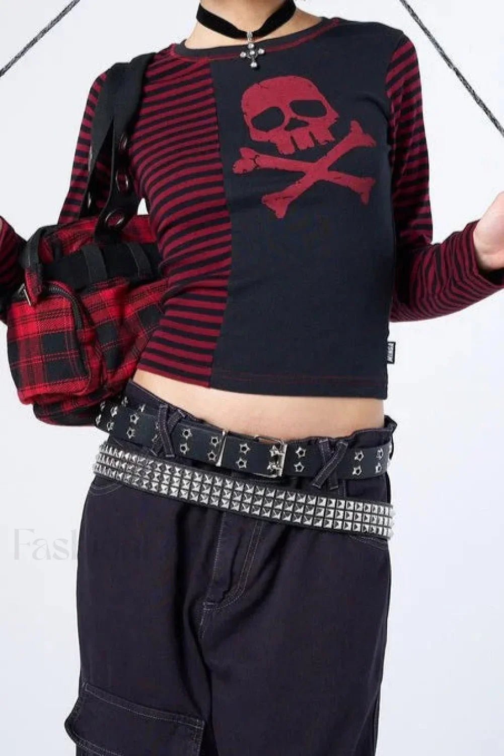 Gothic Skull Stripe Crop T-Shirt