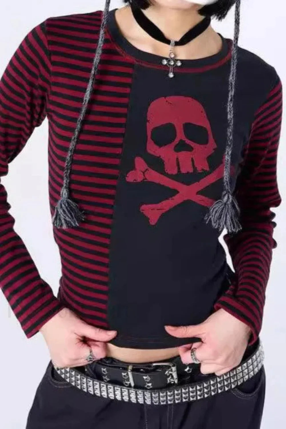 Gothic Skull Stripe Crop T-Shirt Red / S