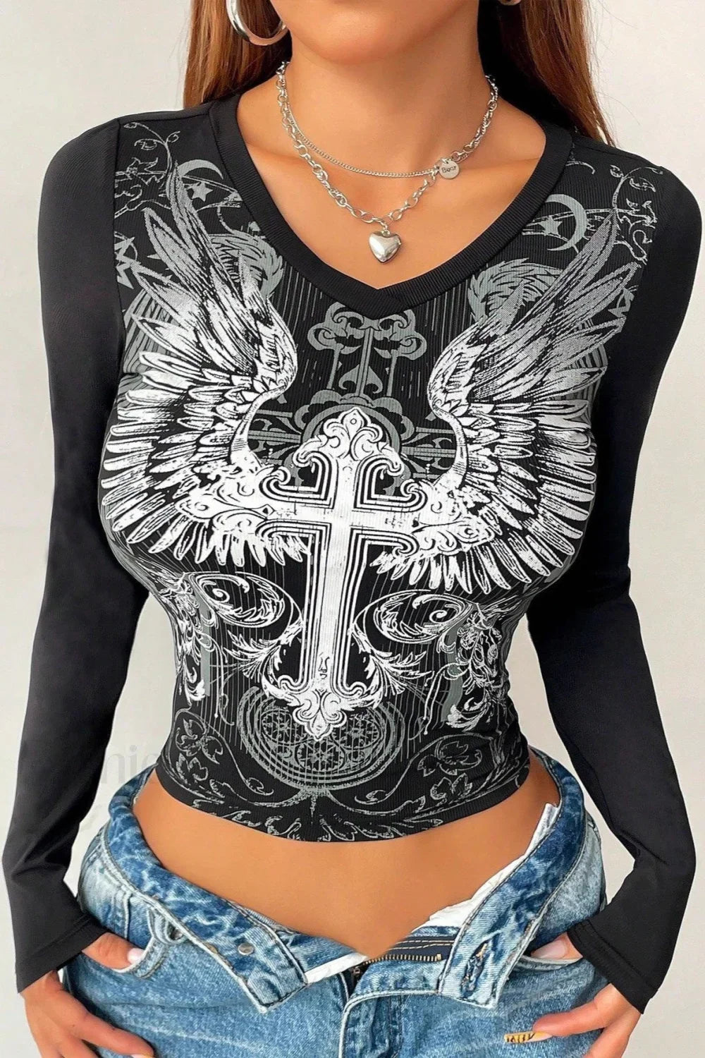 Gothic Wing Print V-Neck T-Shirt Black / S