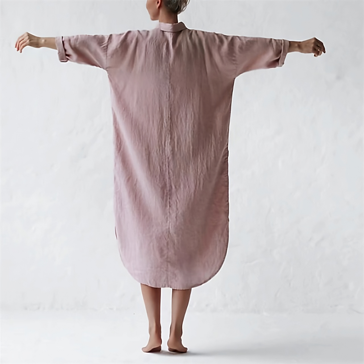 Crinkle Textured Long Sleeve Collar Oversized Pocket Curved Hem Midi Shirt Dress
