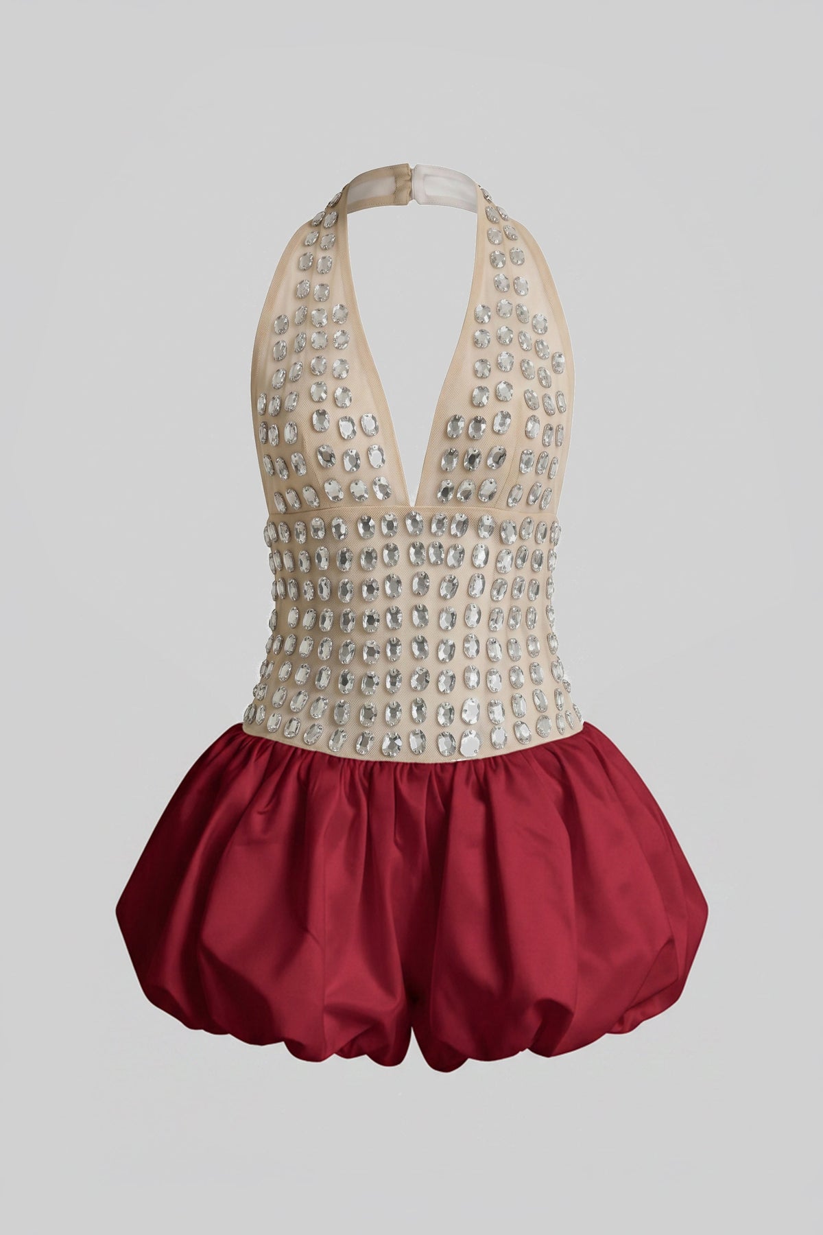 Rhinestone Embellished Mesh Halter Deep V-Neck Bubble Hem Mini Dress 2