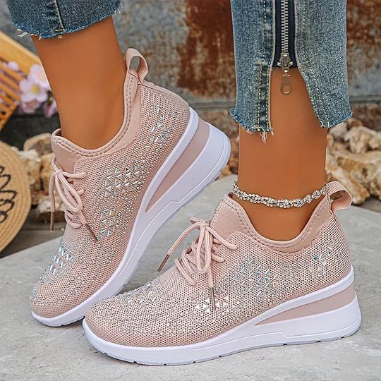 Lace Up Rhinestone Knit Wedge Platform Sneakers