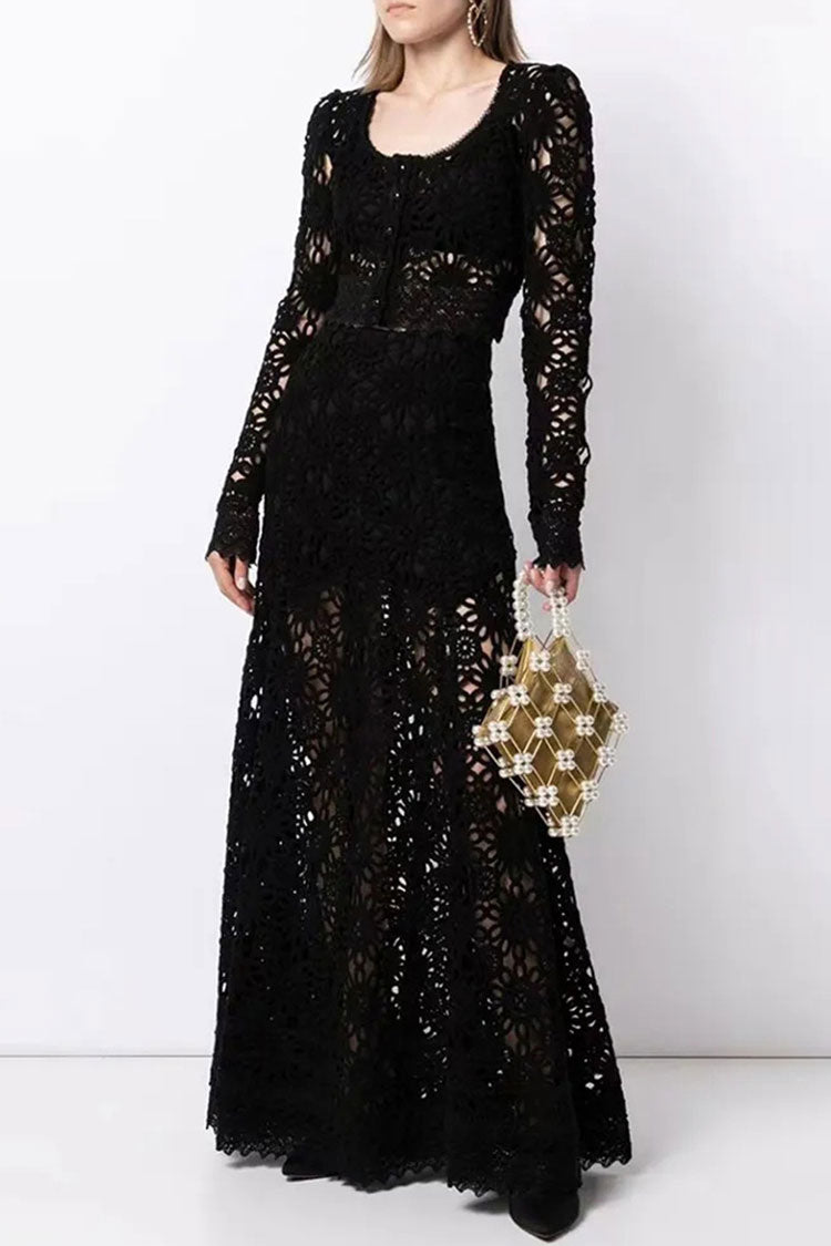 Crochet Lace Scoop Neck Long Sleeve Button Front A-Line Maxi Dress