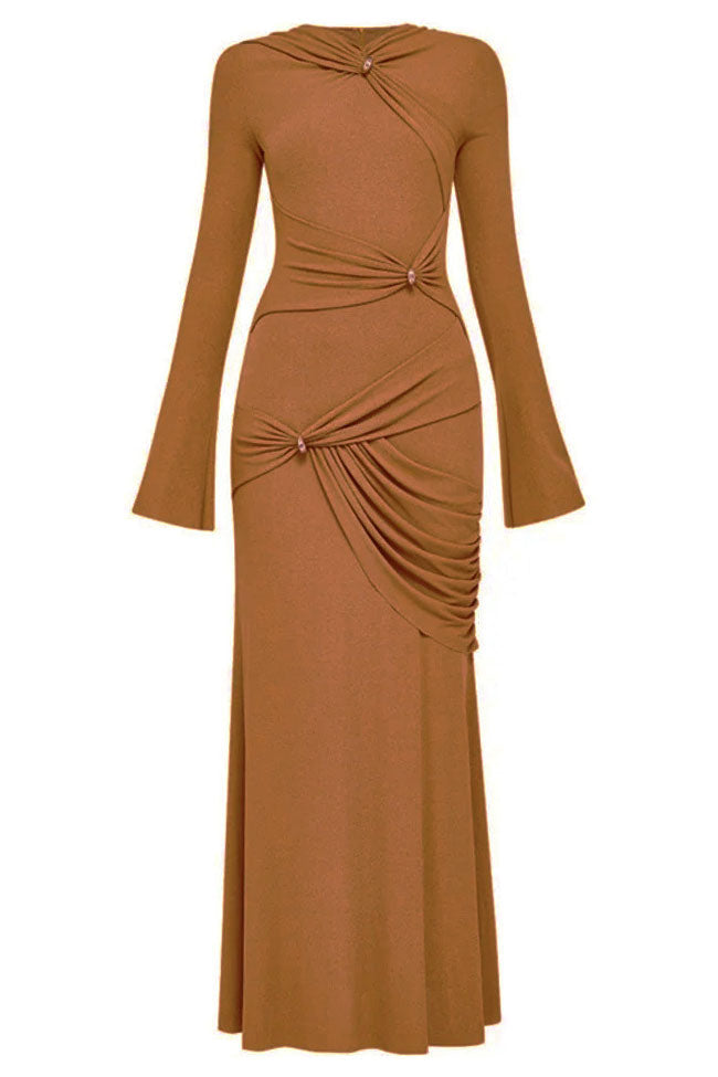 Graceful Metallic Knot Ruched Detail Jersey Evening Maxi Dress - Brown - View 2