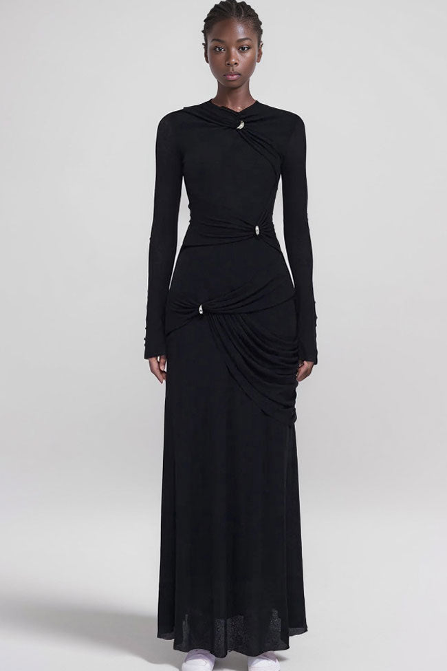 Long Sleeve Crew Neck Twist Knot Draped Ruched Jersey Maxi Dress