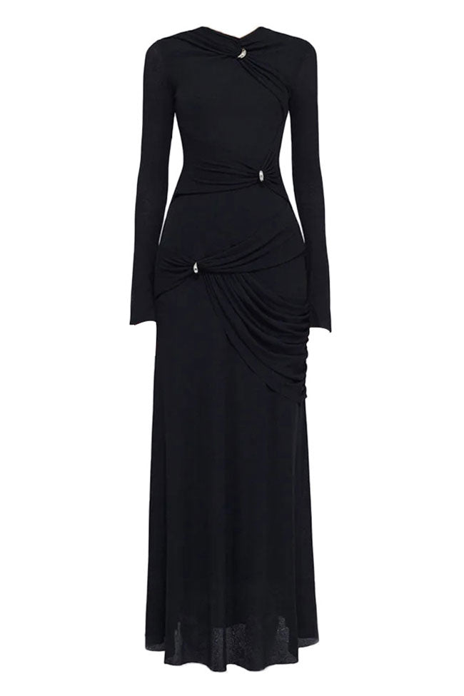Graceful Metallic Knot Ruched Detail Jersey Evening Maxi Dress - Black - View 2
