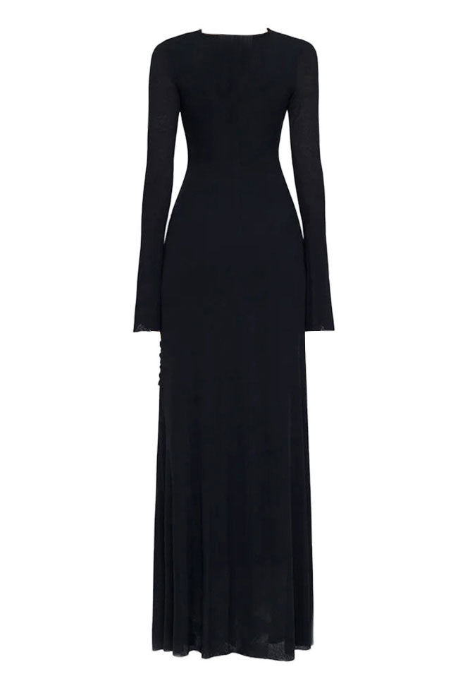 Graceful Metallic Knot Ruched Detail Jersey Evening Maxi Dress - Black - View 3