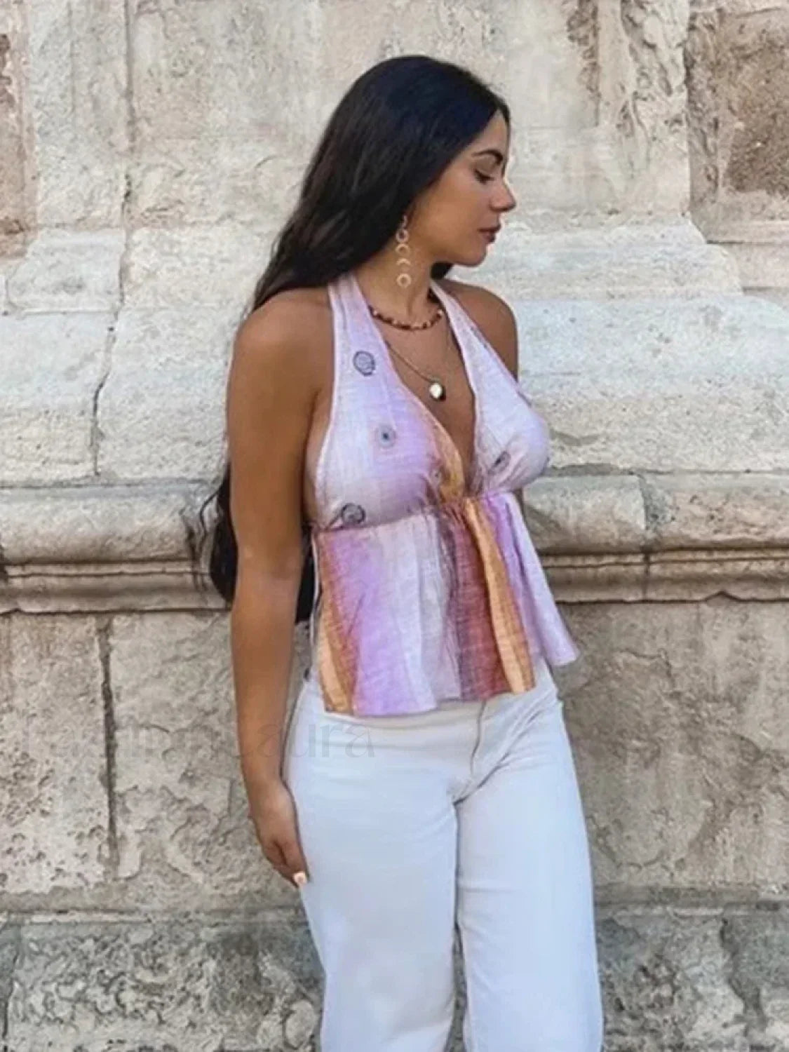 Gradient Lace-Up Halter Crop Top