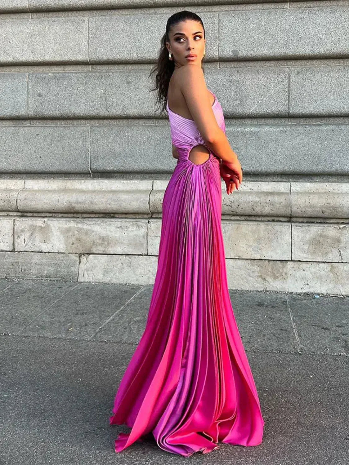 Gradient Pleated Shoulder Maxi Dress
