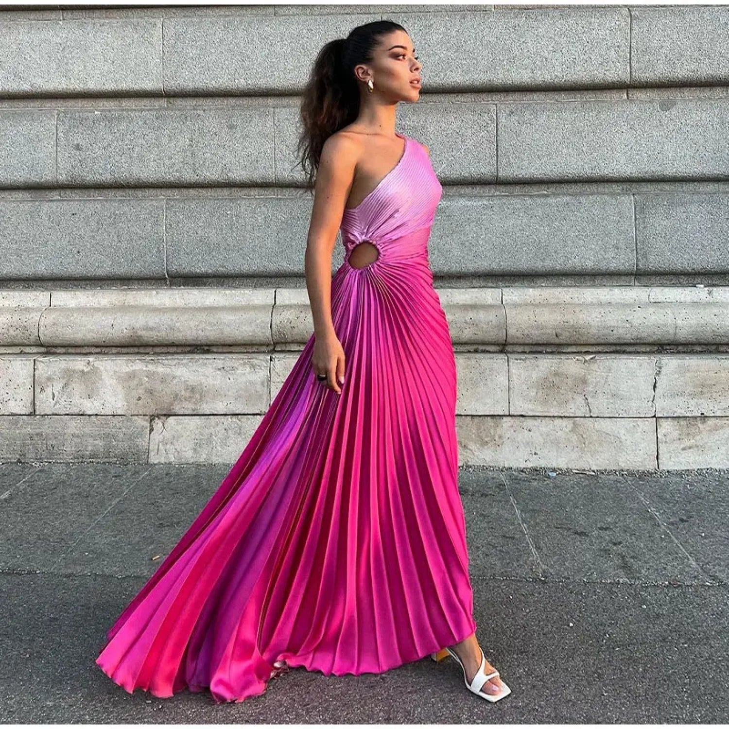 Gradient Pleated Shoulder Maxi Dress