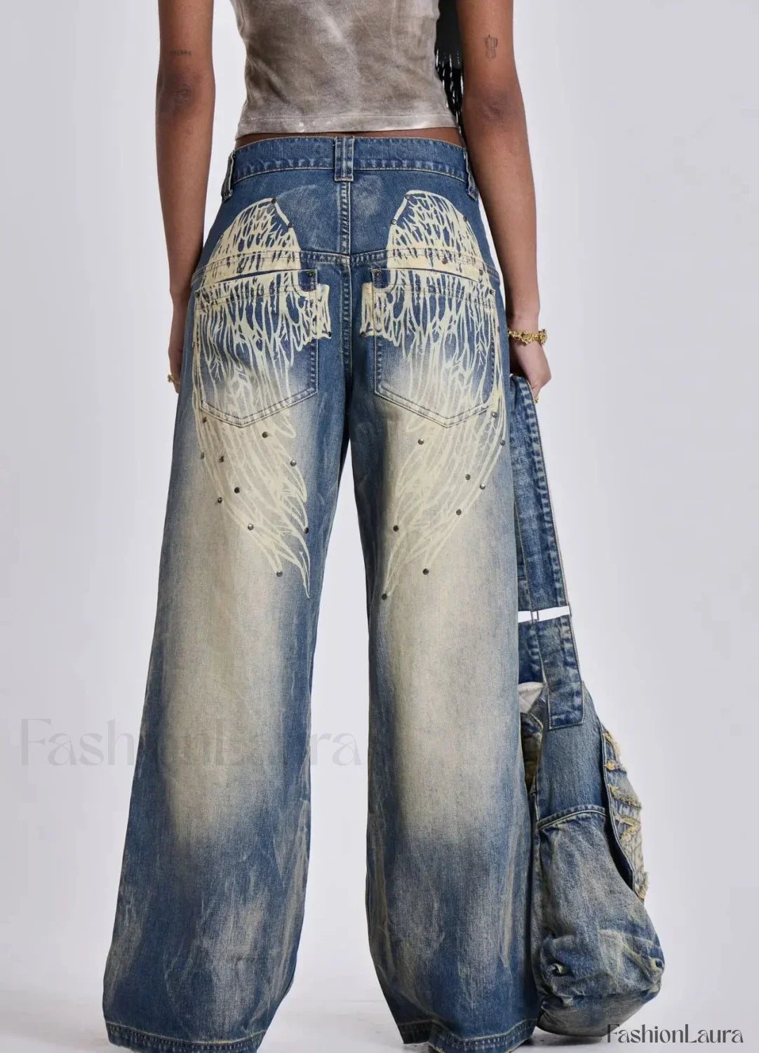 Gradient Wing Print Wide Leg Jeans
