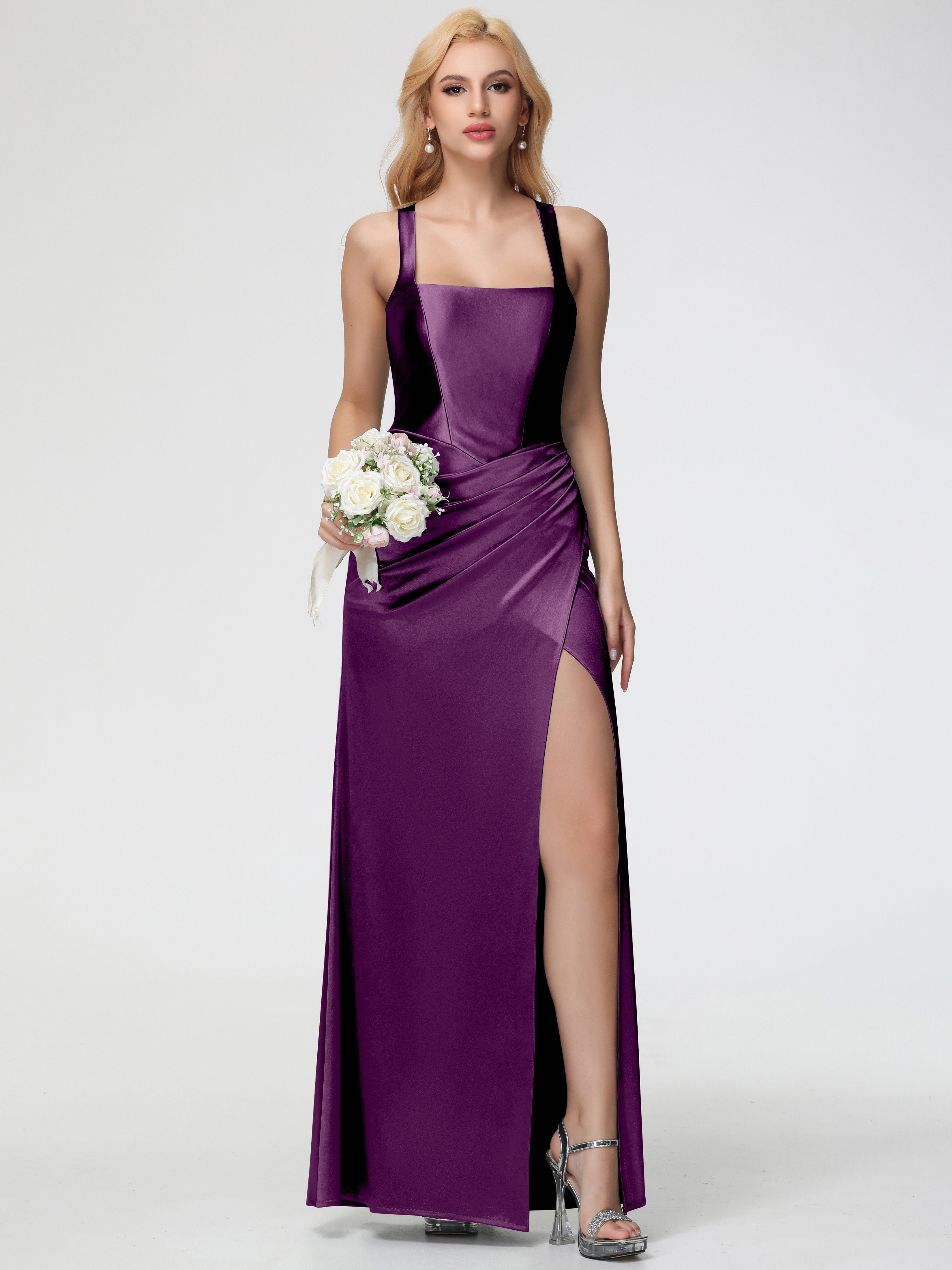 Grape Formal Dresses Straps Ruched Floor Length Sheath Formal Dress With Slit