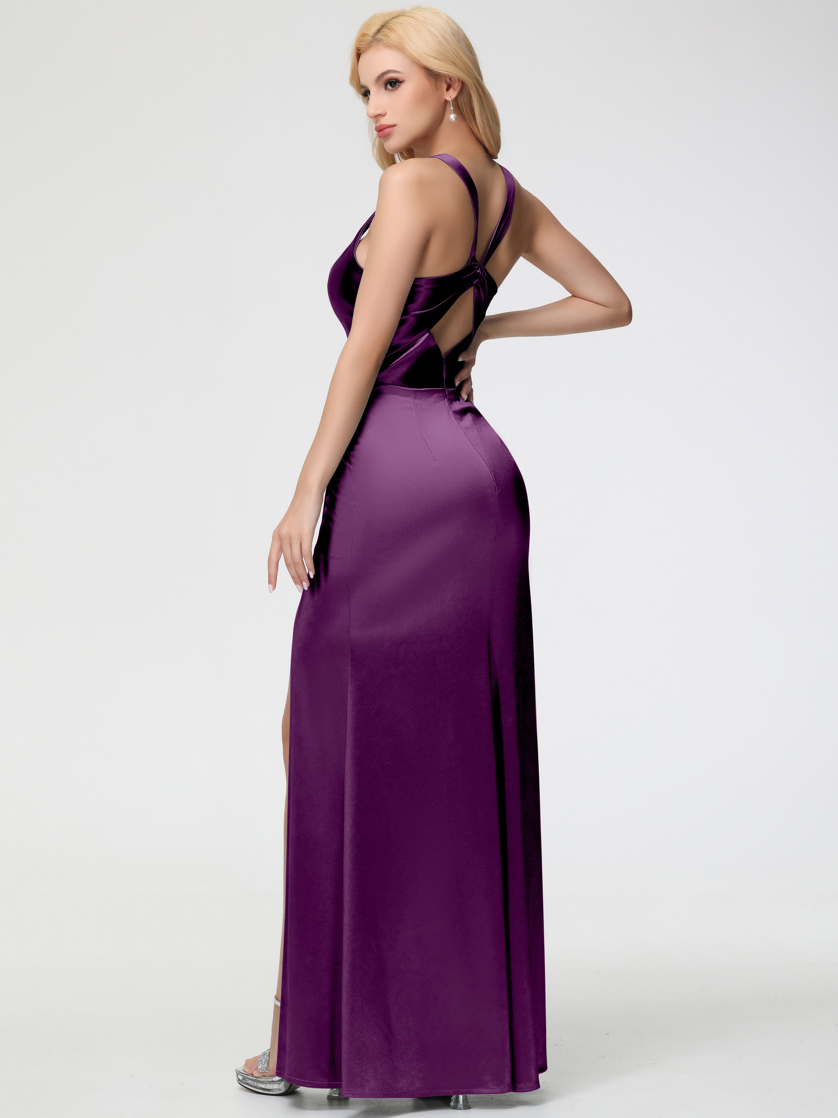Grape Formal Dresses Straps Ruched Floor Length Sheath Formal Dress With Slit