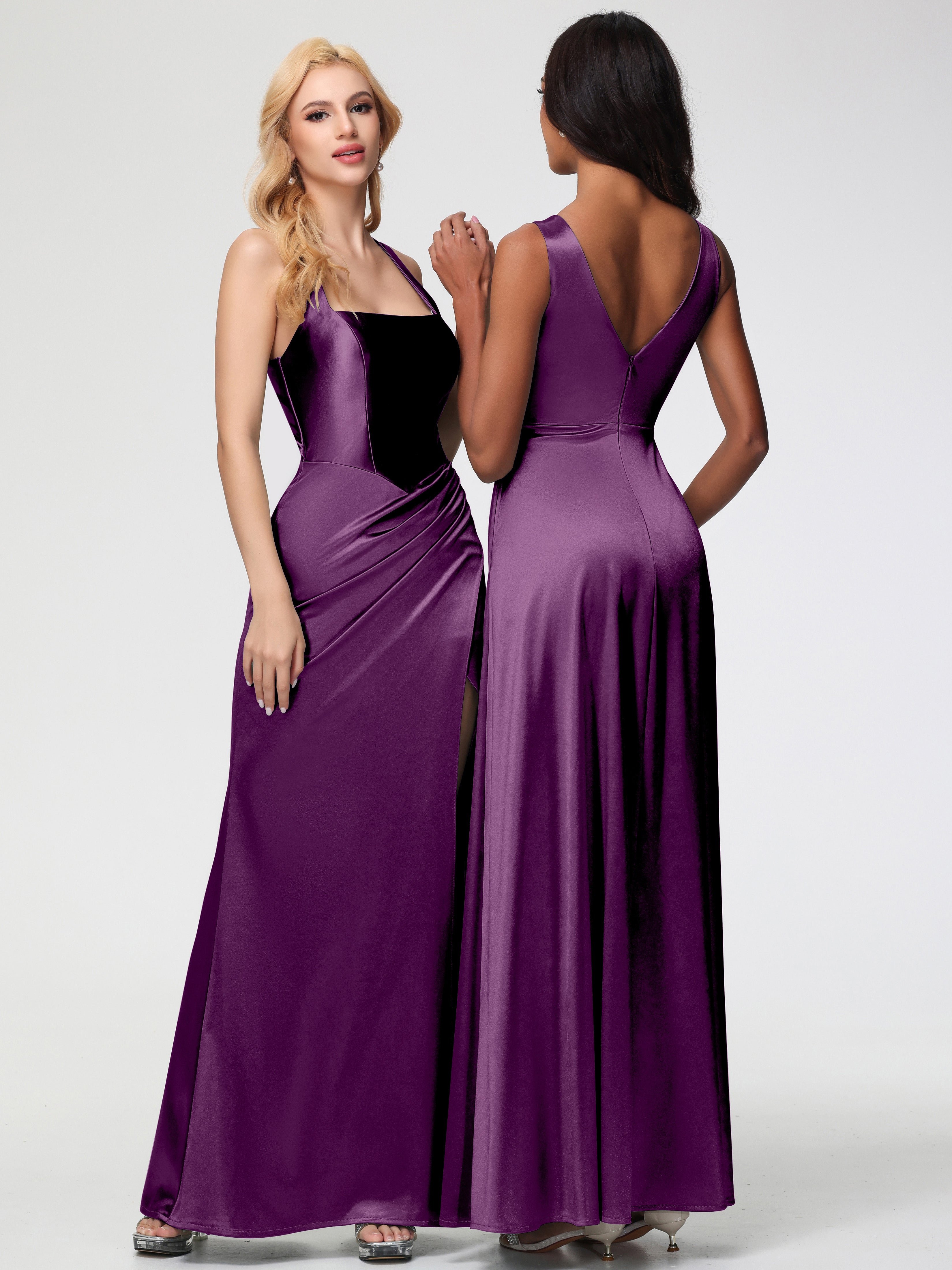 Grape Formal Dresses Straps Ruched Floor Length Sheath Formal Dress With Slit