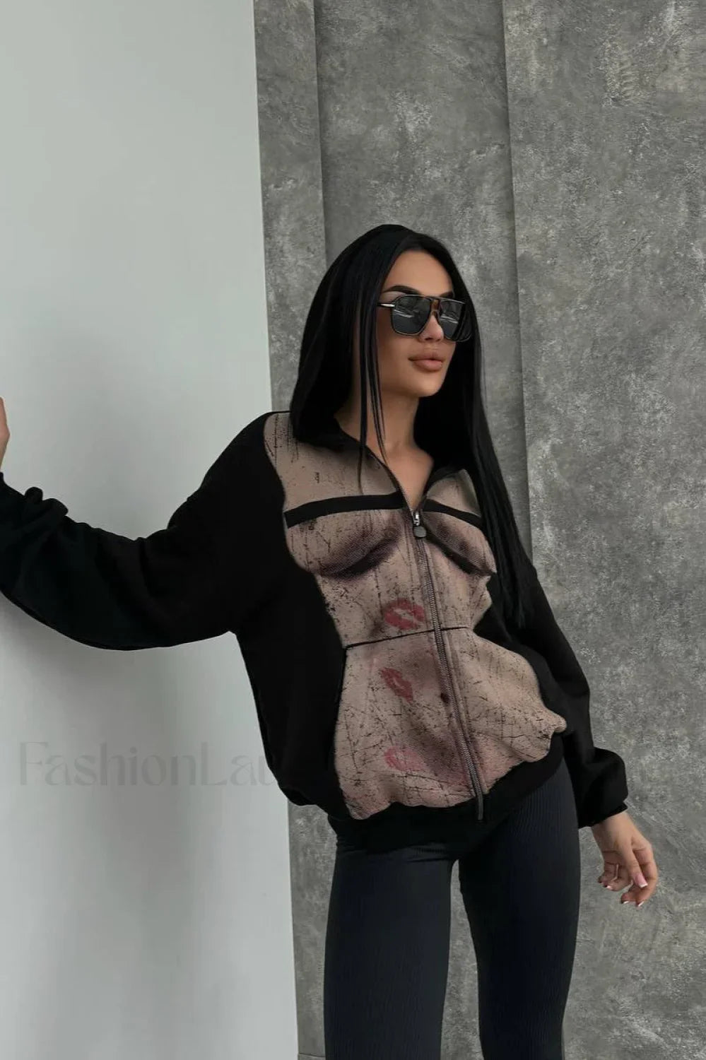 Graphic Print Zipper Hoodie