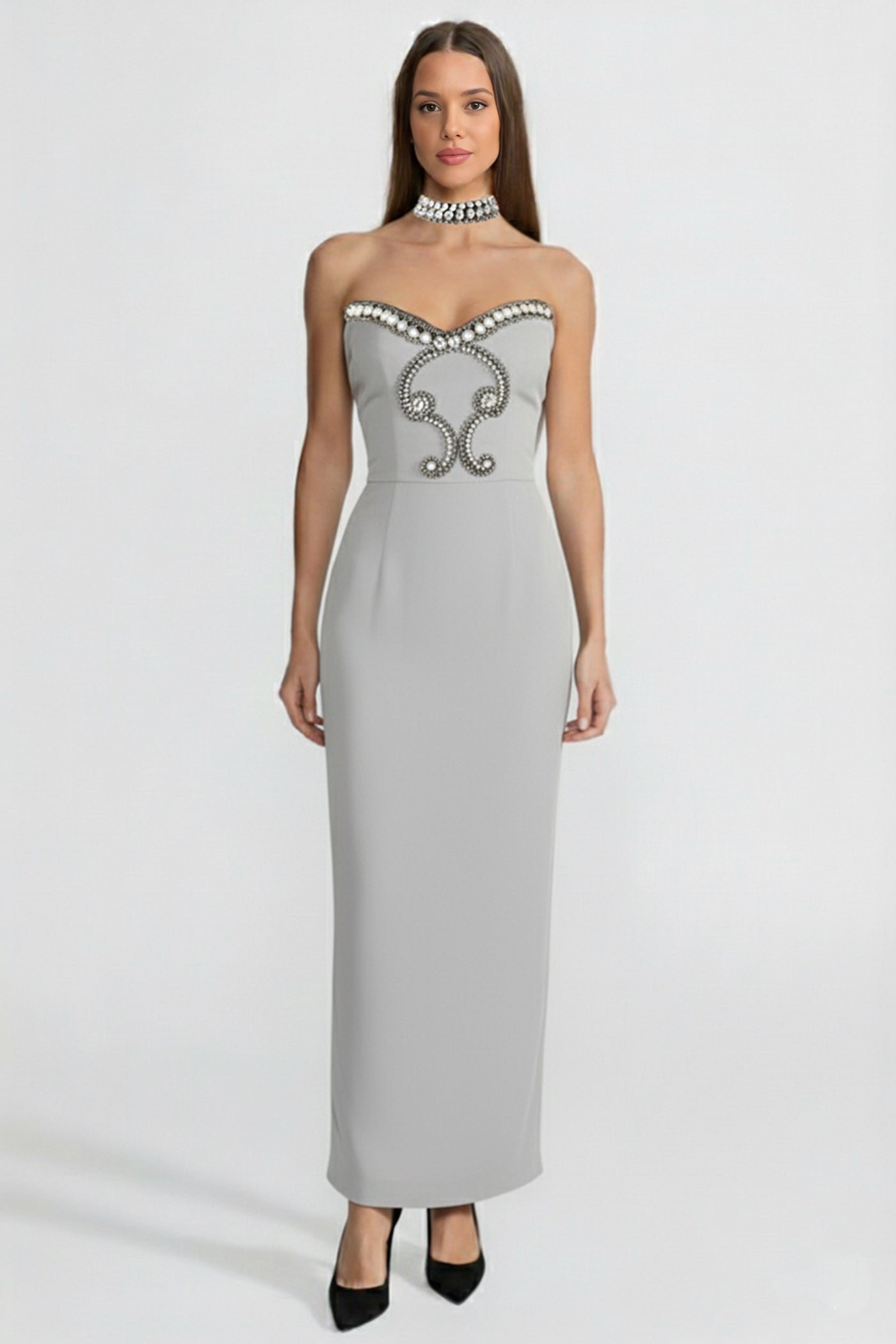 Pearl Crystal Embellished Sweetheart Strapless Column Maxi Gown