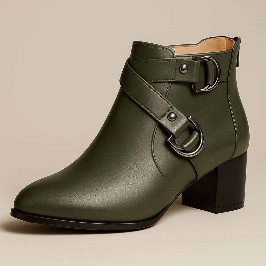 Almond Toe Crossover Buckle Strap Block Heel Ankle Boots