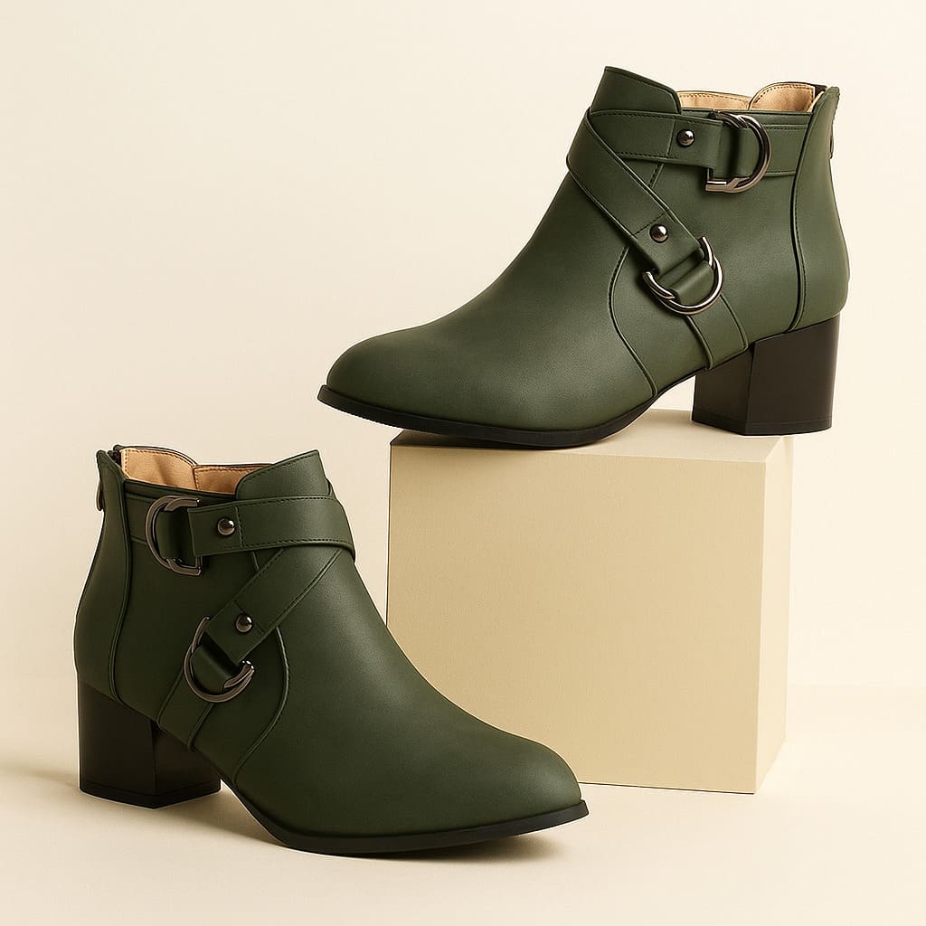 Almond Toe Crossover Buckle Strap Block Heel Ankle Boots