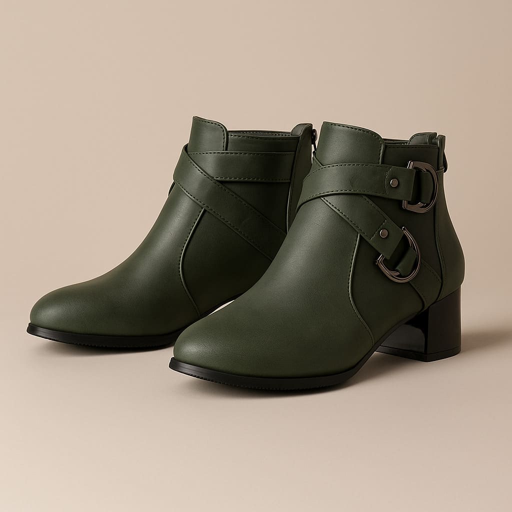 Almond Toe Crossover Buckle Strap Block Heel Ankle Boots
