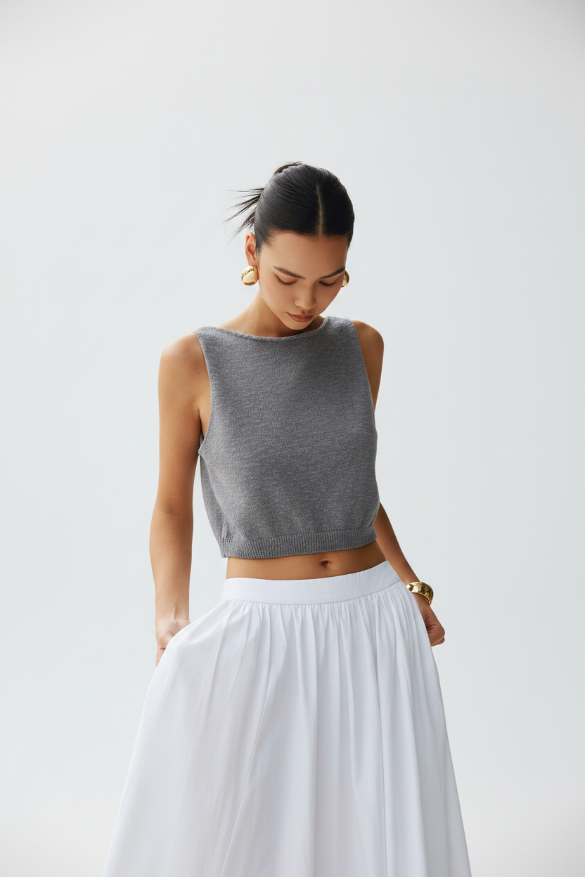 Stylish White Sleeveless Crop Top with Soft Fabric and Tailored Fit