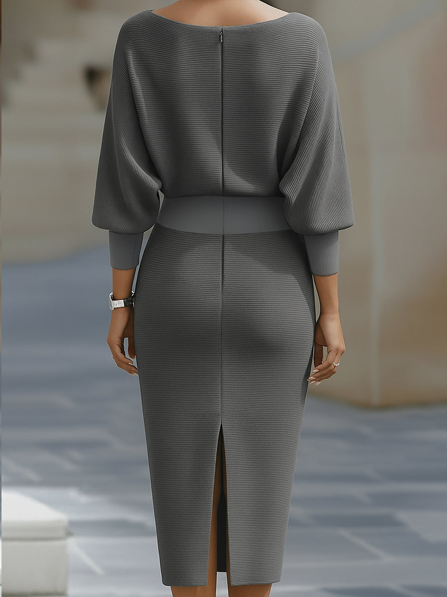 Knit Cowl Neck Batwing Long Sleeve Bodycon Midi Dress 11