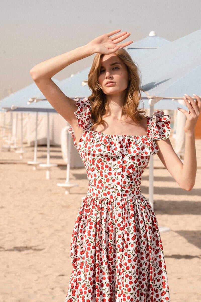 Boutique Olga Ruffled Cherry Print Midi Dress Evening Wear Edit