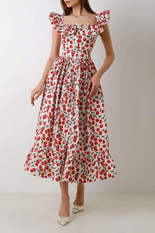 Boutique Olga Ruffled Cherry Print Midi Dress Evening Wear Edit