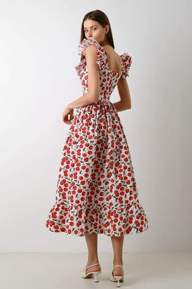 Boutique Olga Ruffled Cherry Print Midi Dress Evening Wear Edit