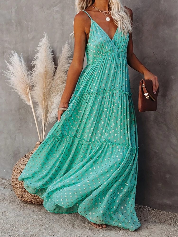 Spaghetti Strap Deep V-Neck Tiered Ruffle Flowy Maxi Summer Dress