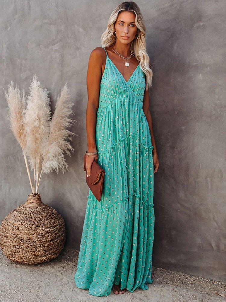 Spaghetti Strap Deep V-Neck Tiered Ruffle Flowy Maxi Summer Dress