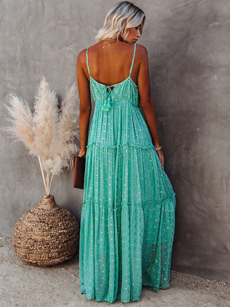 Spaghetti Strap Deep V-Neck Tiered Ruffle Flowy Maxi Summer Dress