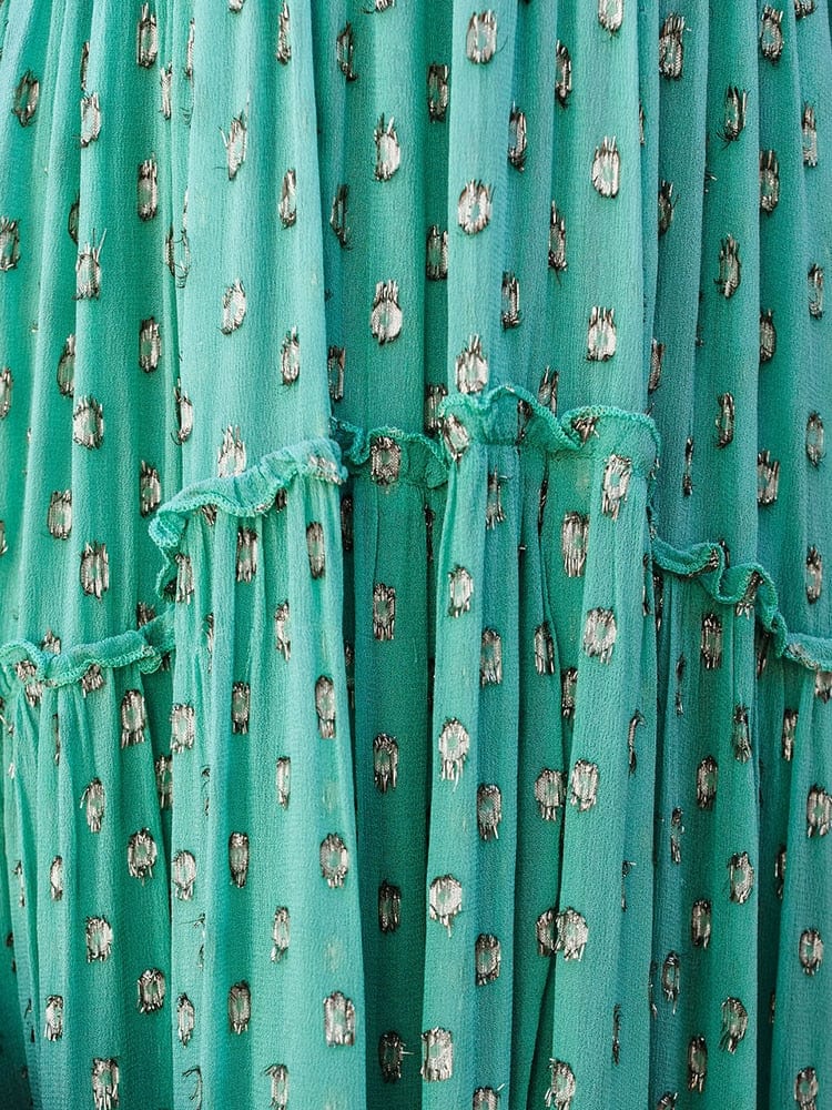 Spaghetti Strap Deep V-Neck Tiered Ruffle Flowy Maxi Summer Dress