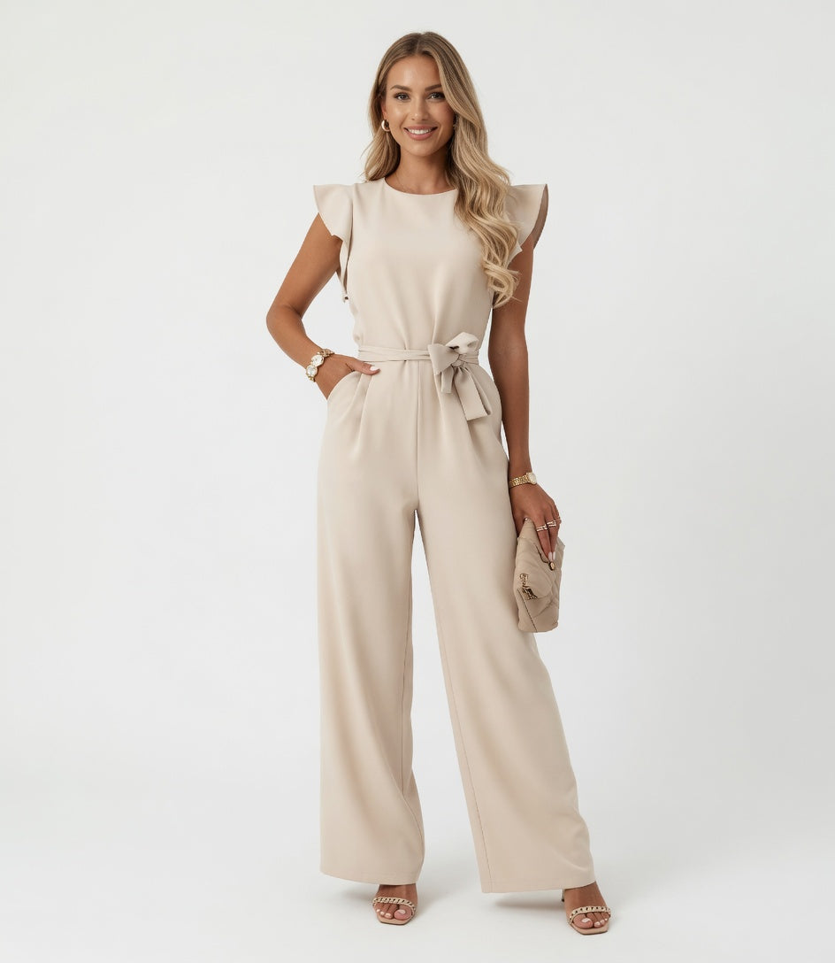 Round Neck Ruffle Sleeve Belted Wide Leg Jumpsuit