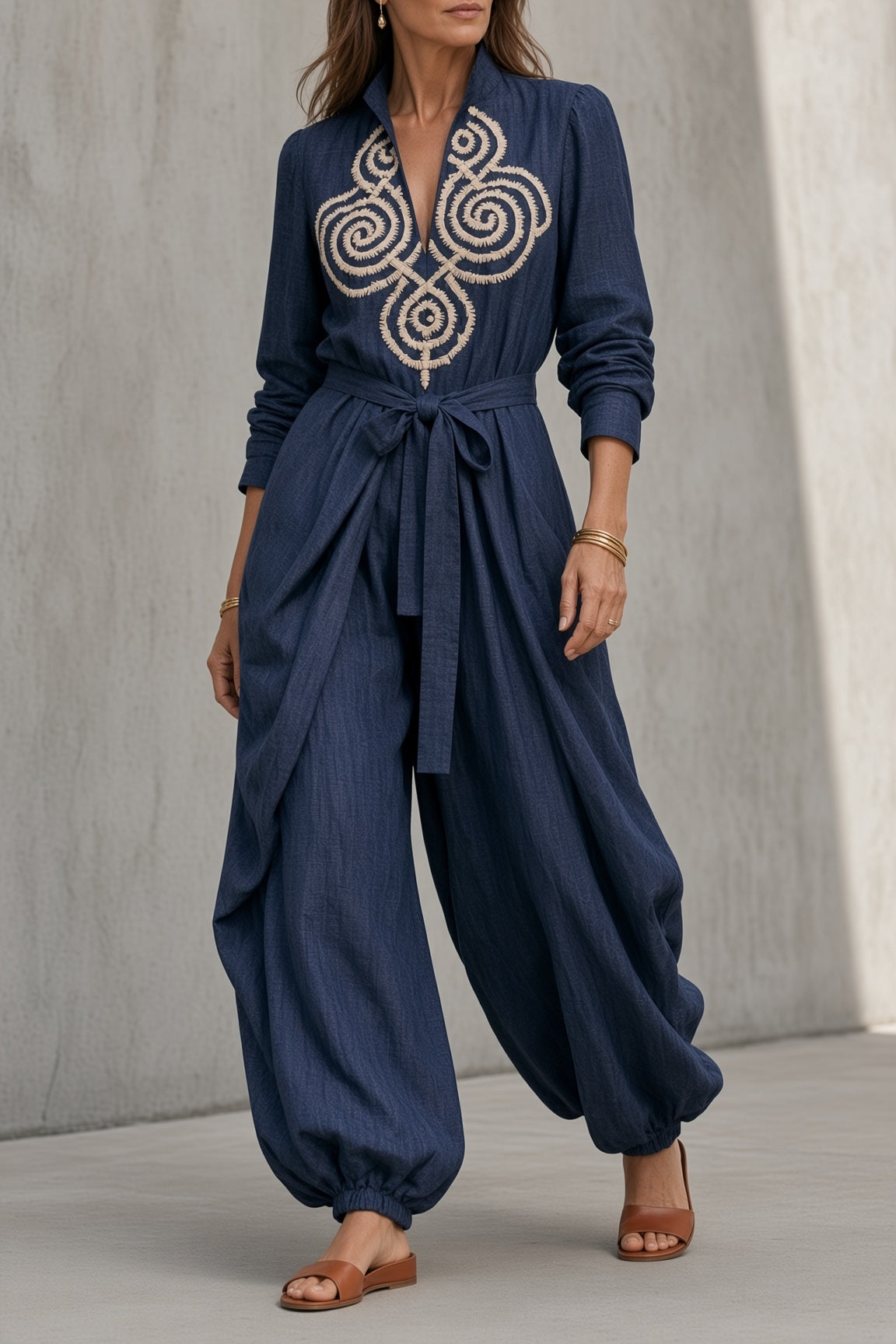Embroidered Belted Long Sleeve Wide Leg Denim Jumpsuit