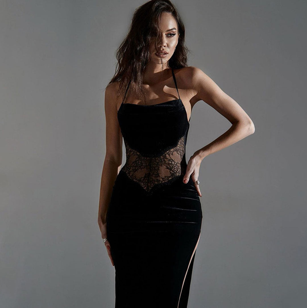 Velvet Cowl Neck Lace Trim High Split Backless Slip Maxi Dress