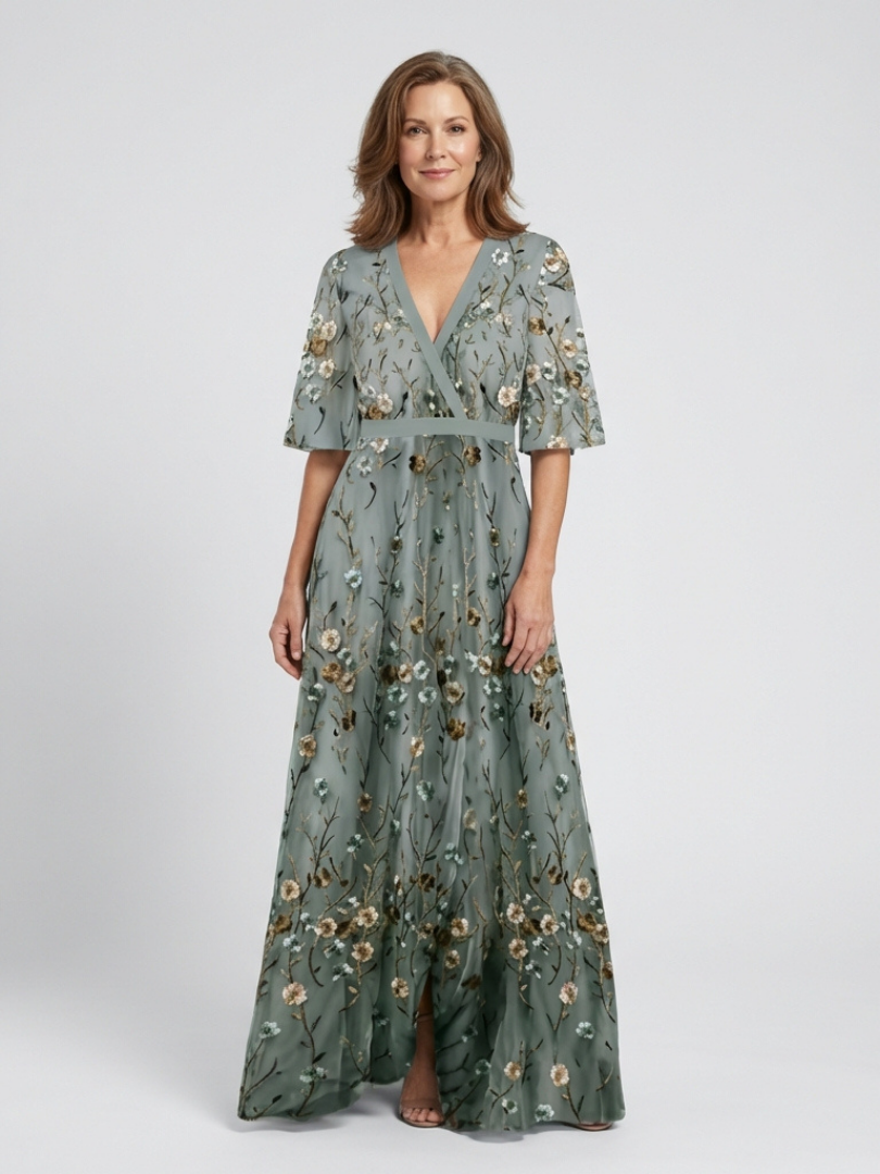 Floral Embroidered V-Neck Flutter Sleeve Maxi Dress