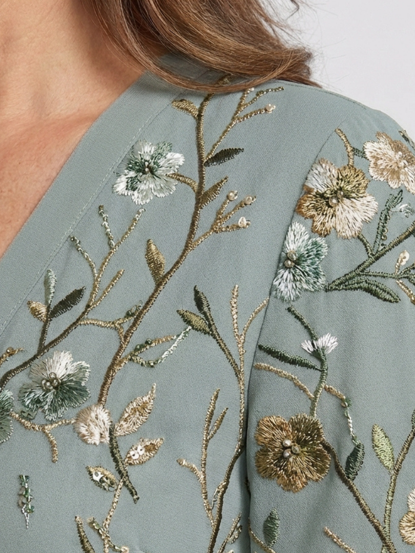 Floral Embroidered V-Neck Flutter Sleeve Maxi Dress
